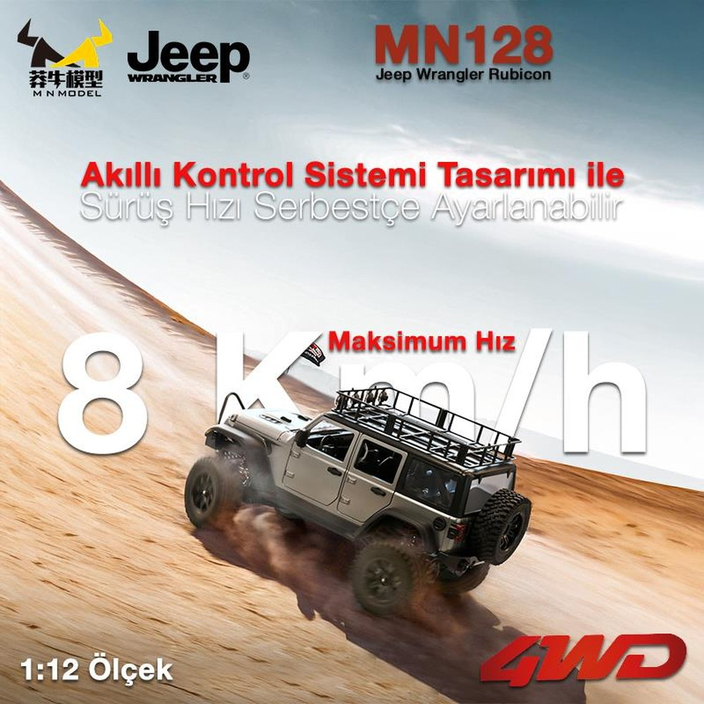 Beyaz bir Jeep Wrangler kum tepelerinde ilerliyor. Maksimum hız 8 km/s.
