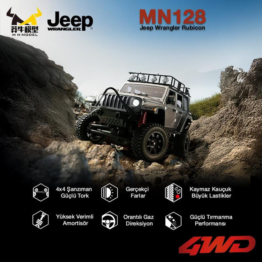 Gri bir Jeep Wrangler RC araç, kayalık arazide ilerliyor. Metin ve simgeler özellikleri anlatıyor.