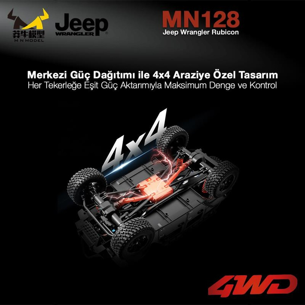 Turuncu amortisörlü siyah 4x4 Jeep Wrangler Rubicon modelinin alt kısmı.
