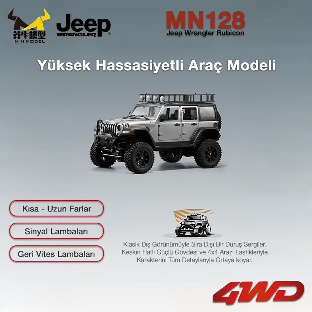 Gümüş Jeep Wrangler Rubicon model araba, tavan bagajı ve büyük lastiklerle.