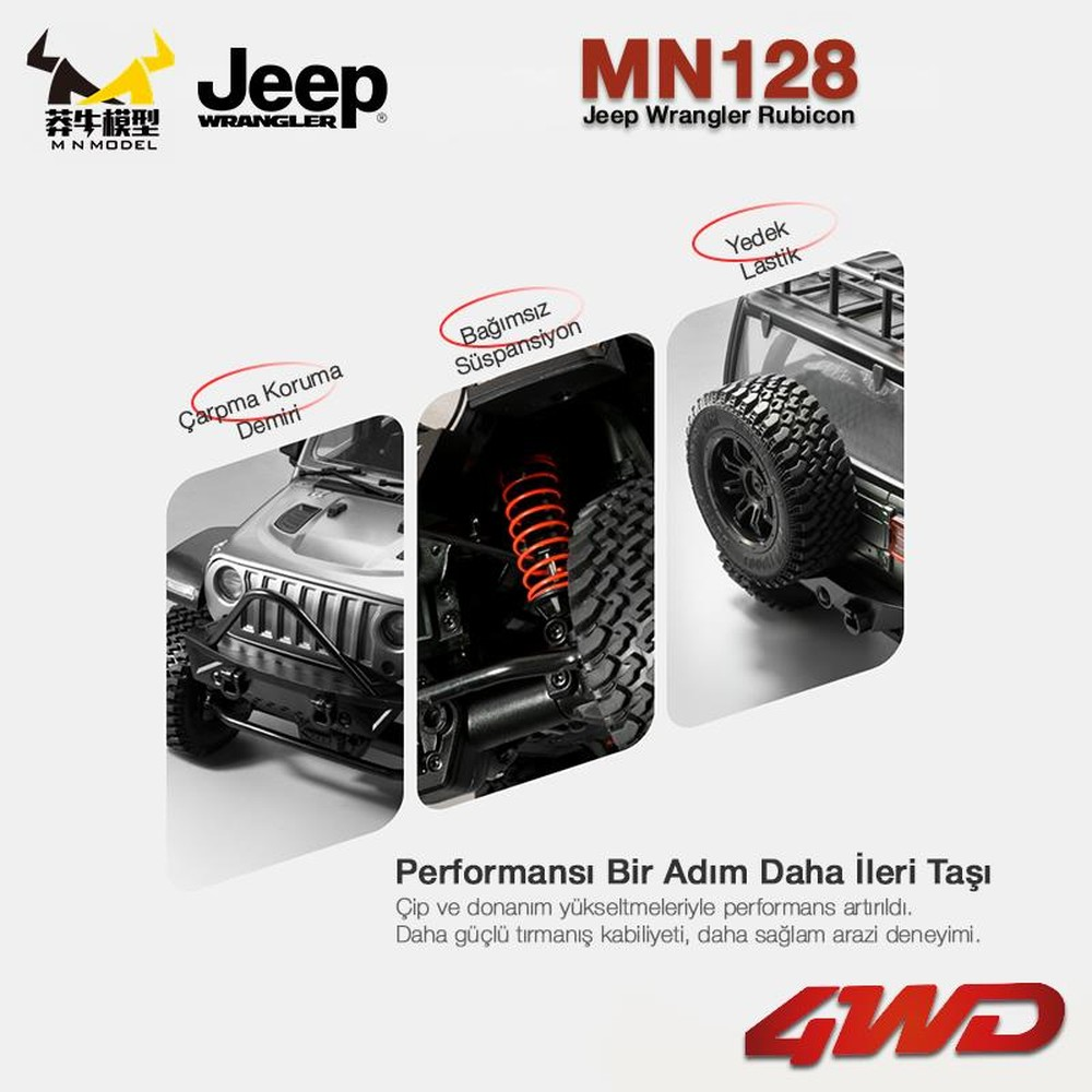 Jeep Wrangler Rubicon tampon, süspansiyon ve yedek lastik ile.