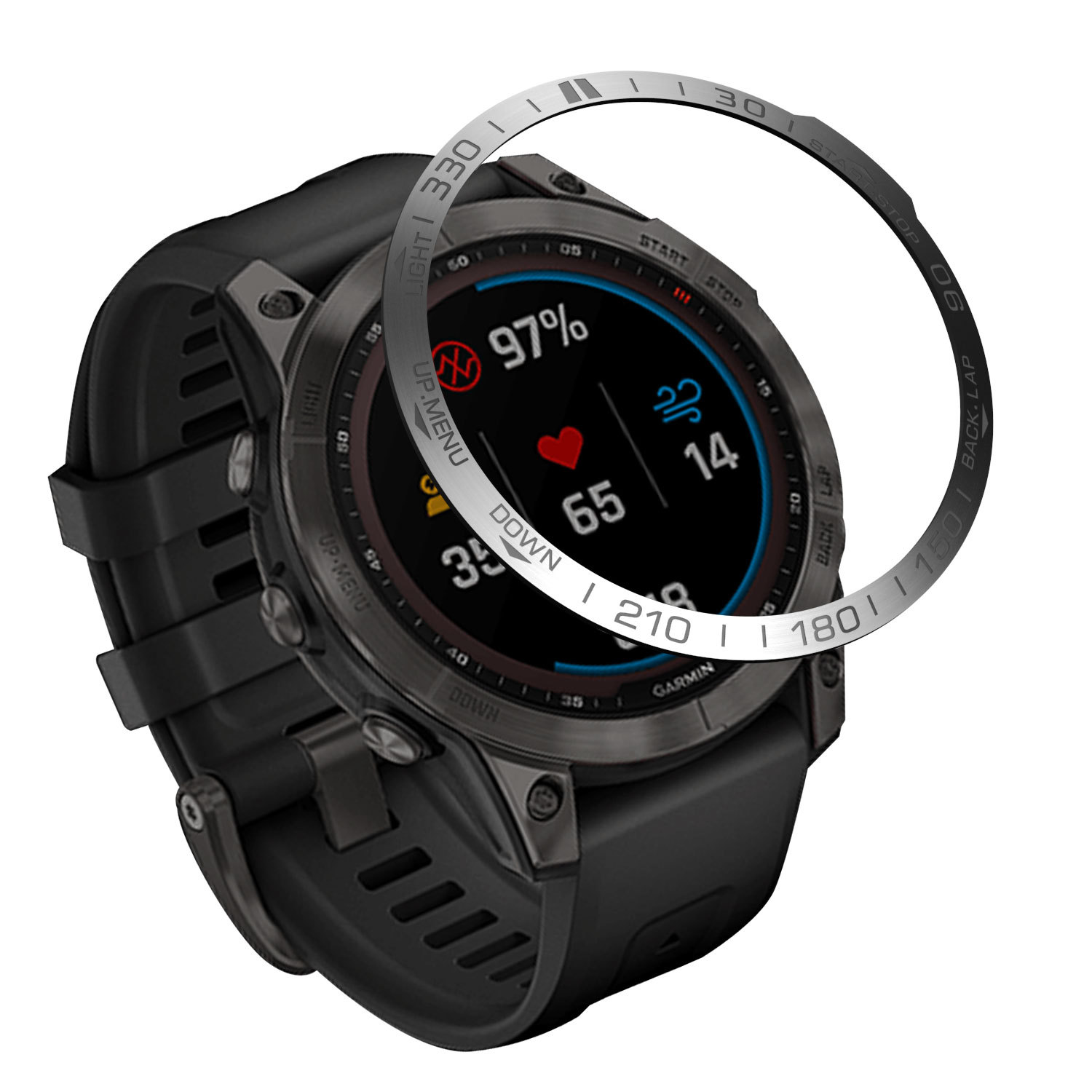 Orologio Garmin scuro con ghiera metallica e cinturino nero. Schermo mostra 97%.