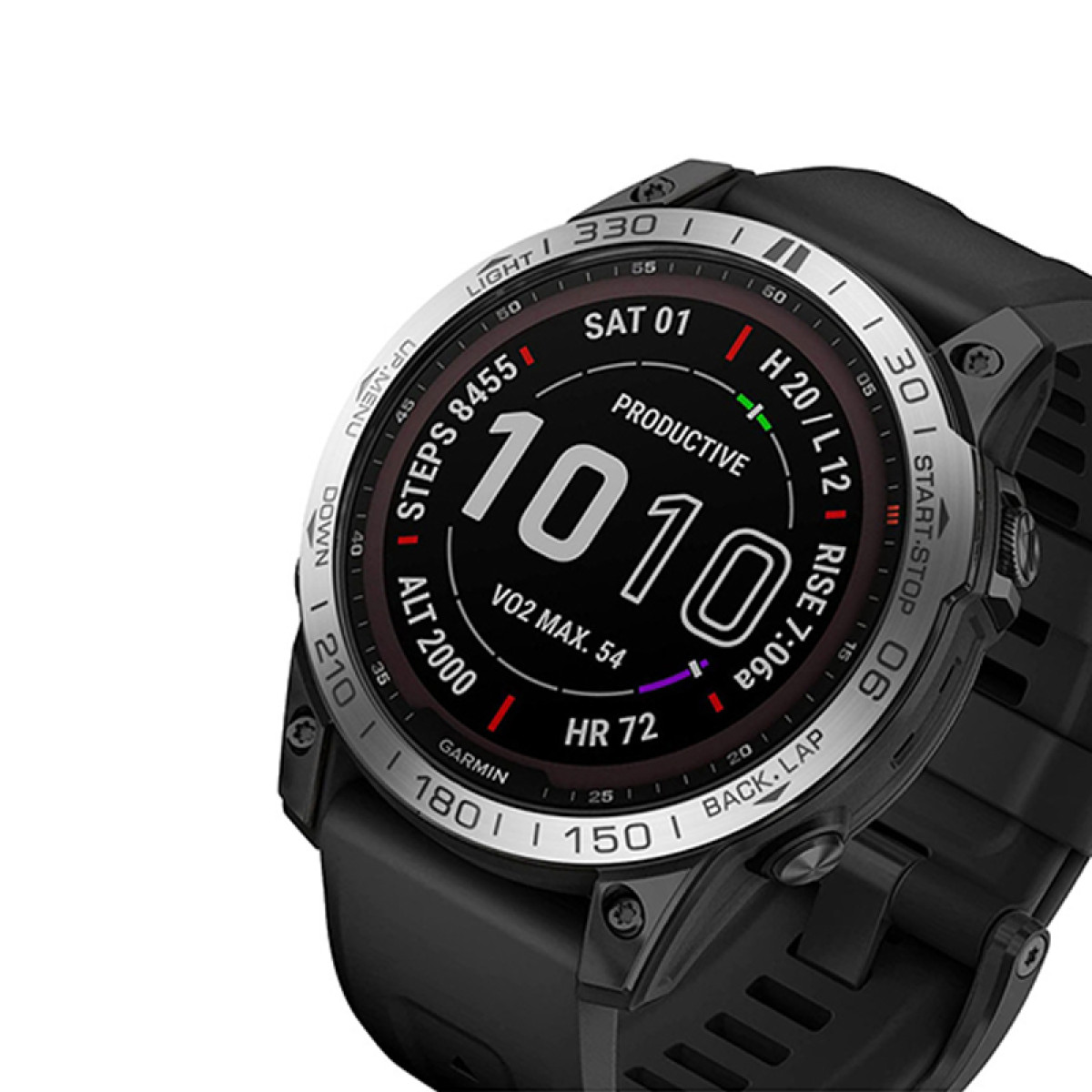 Orologio Garmin nero con quadrante rotondo e dettagliato che mostra passi, altitudine e battito cardiaco.