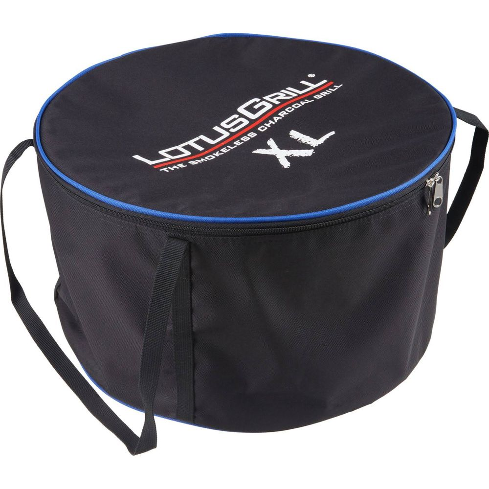 Czarna torba transportowa z niebieskim obszyciem i logo LotusGrill XL.