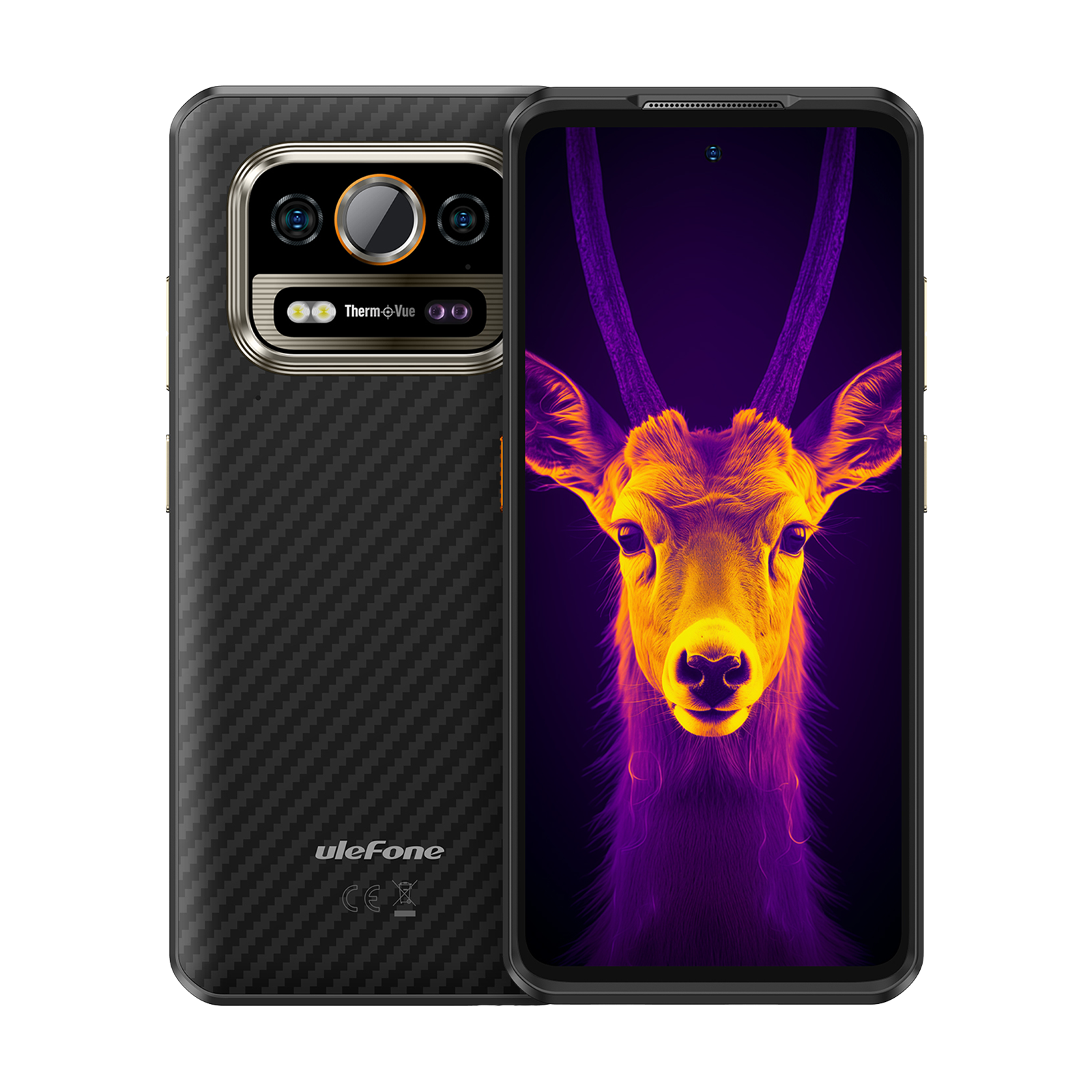 Uno smartphone con fotocamera termica mostra un ritratto di cervo in tonalità arancioni e viola.