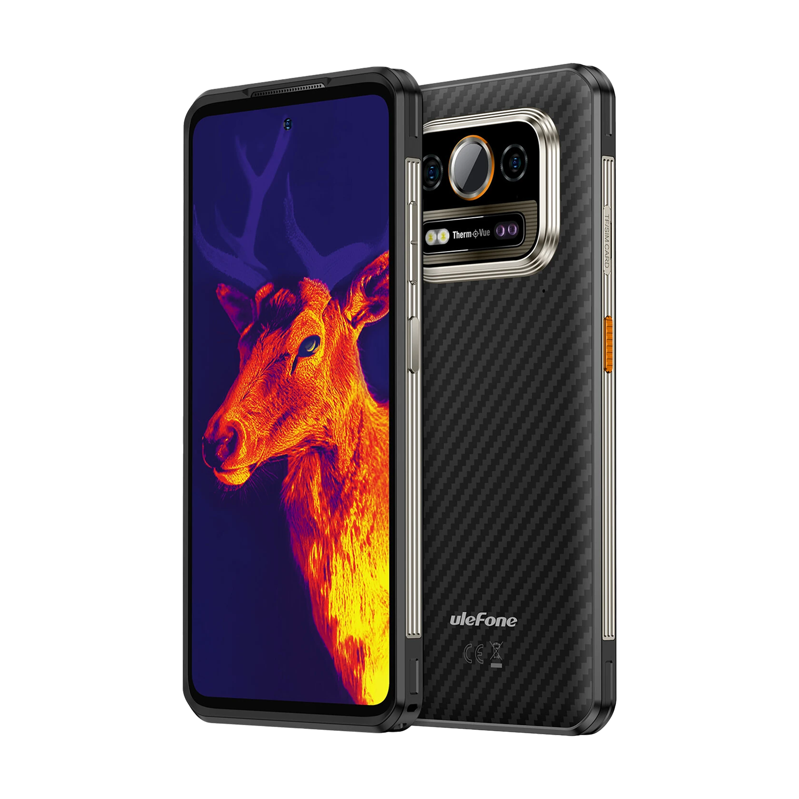 Uno smartphone con termocamera mostra un ritratto di cervo. Il telefono ha il retro in fibra di carbonio.