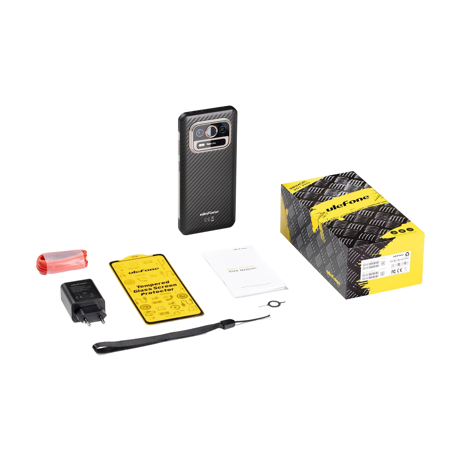 Uno smartphone Ulefone nero con accessori: caricabatterie, cavo, proteggi schermo, manuale.