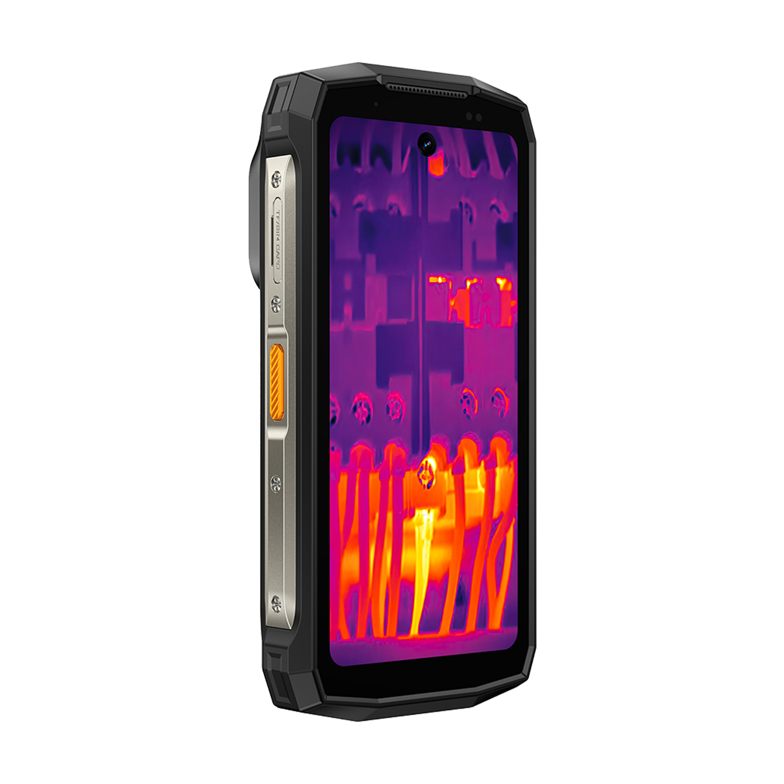 Wytrzymały smartfon z kamerą termowizyjną pokazujący instalację elektryczną.