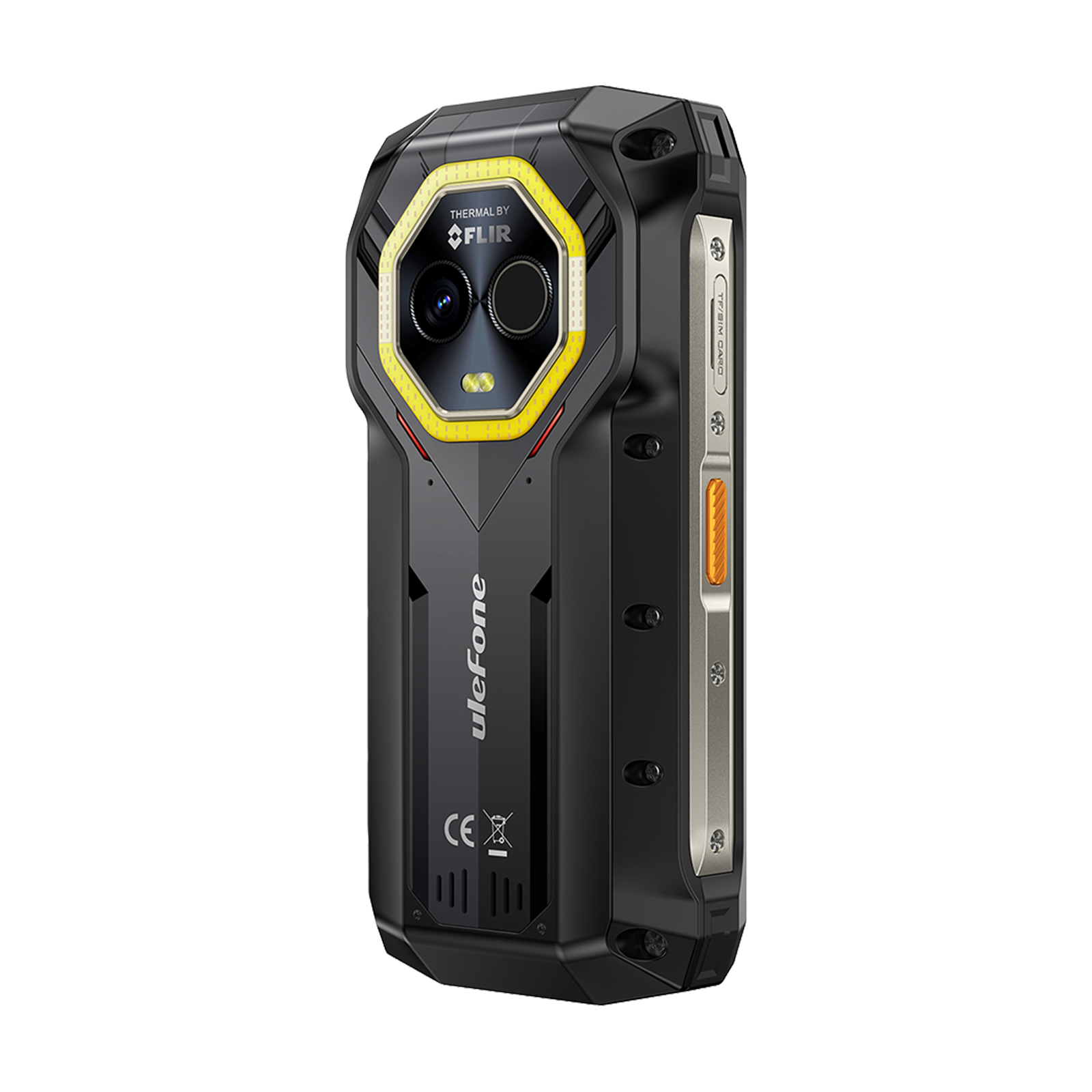 Wytrzymały smartfon z kamerą termowizyjną FLIR, żółtym wykończeniem i podwójnymi aparatami.