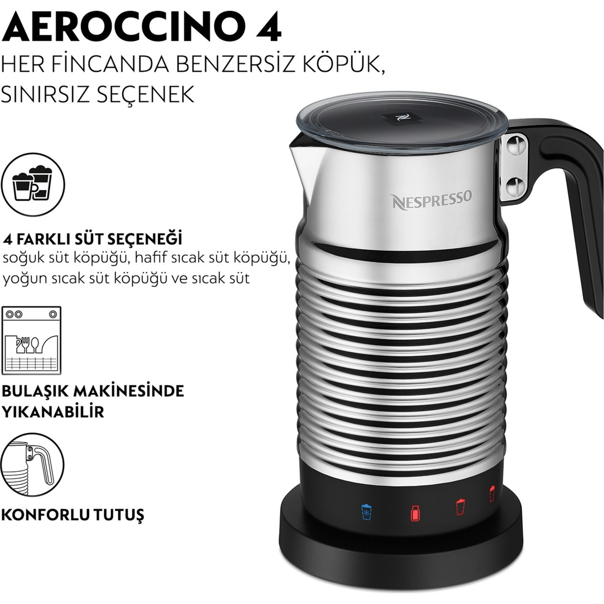 Gümüş renkli Nespresso süt köpürtücü, siyah saplı ve kapaklı, siyah tabanlıdır.