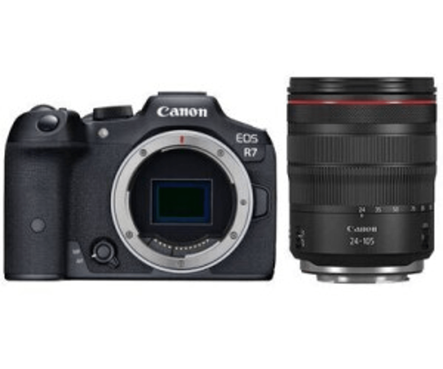 Zwarte Canon EOS R7 camera met een lens ernaast.