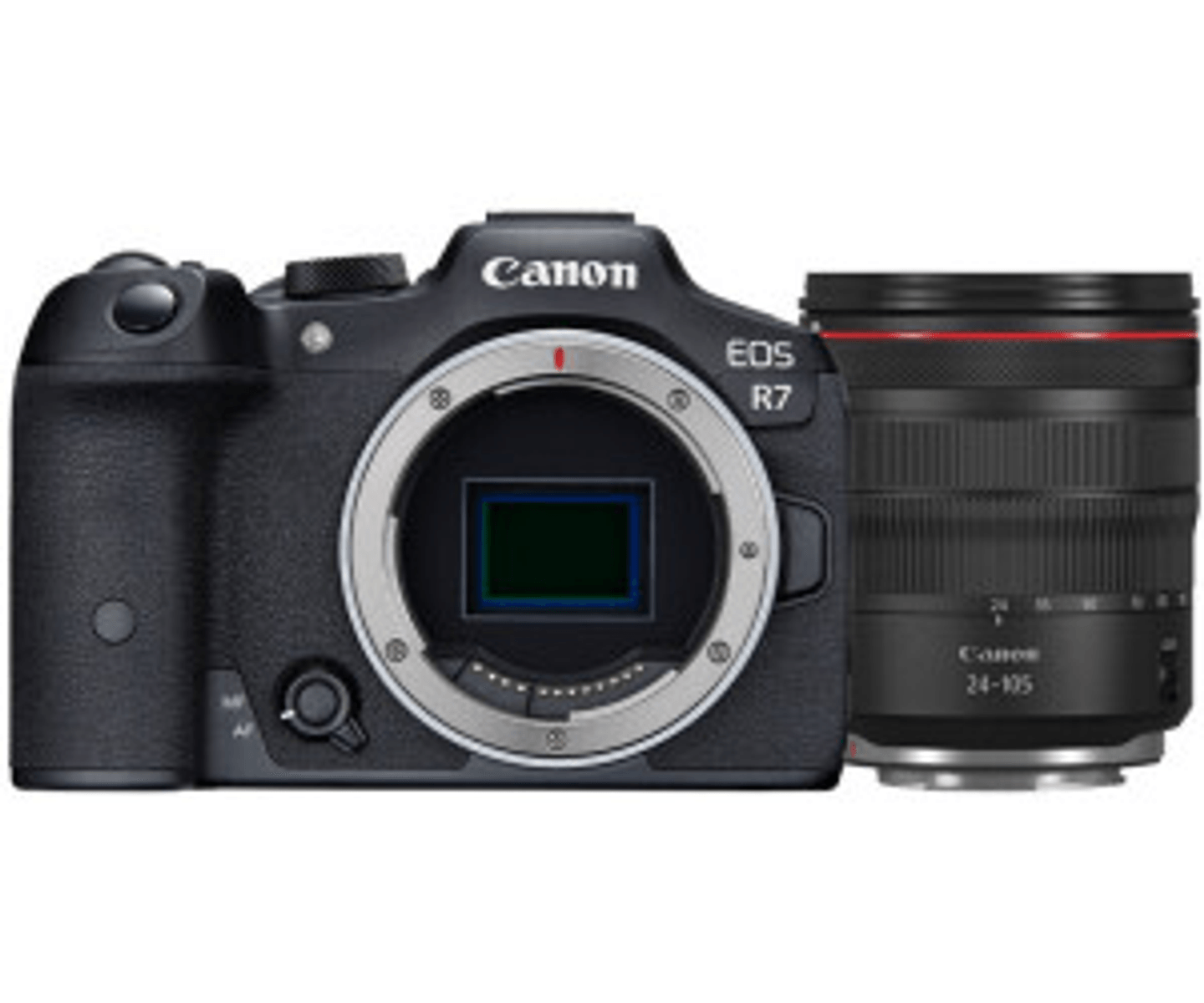 Zwarte Canon EOS R7 camera met een Canon 24-105mm lens erop.