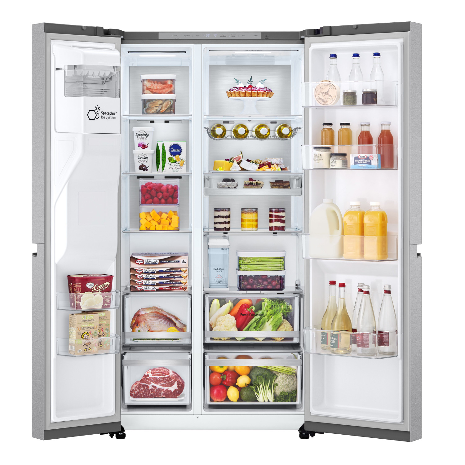 Refrigerador de puerta a puerta, abierto, lleno de comida: helado, frutas, verduras, pescado, carne, bebidas.