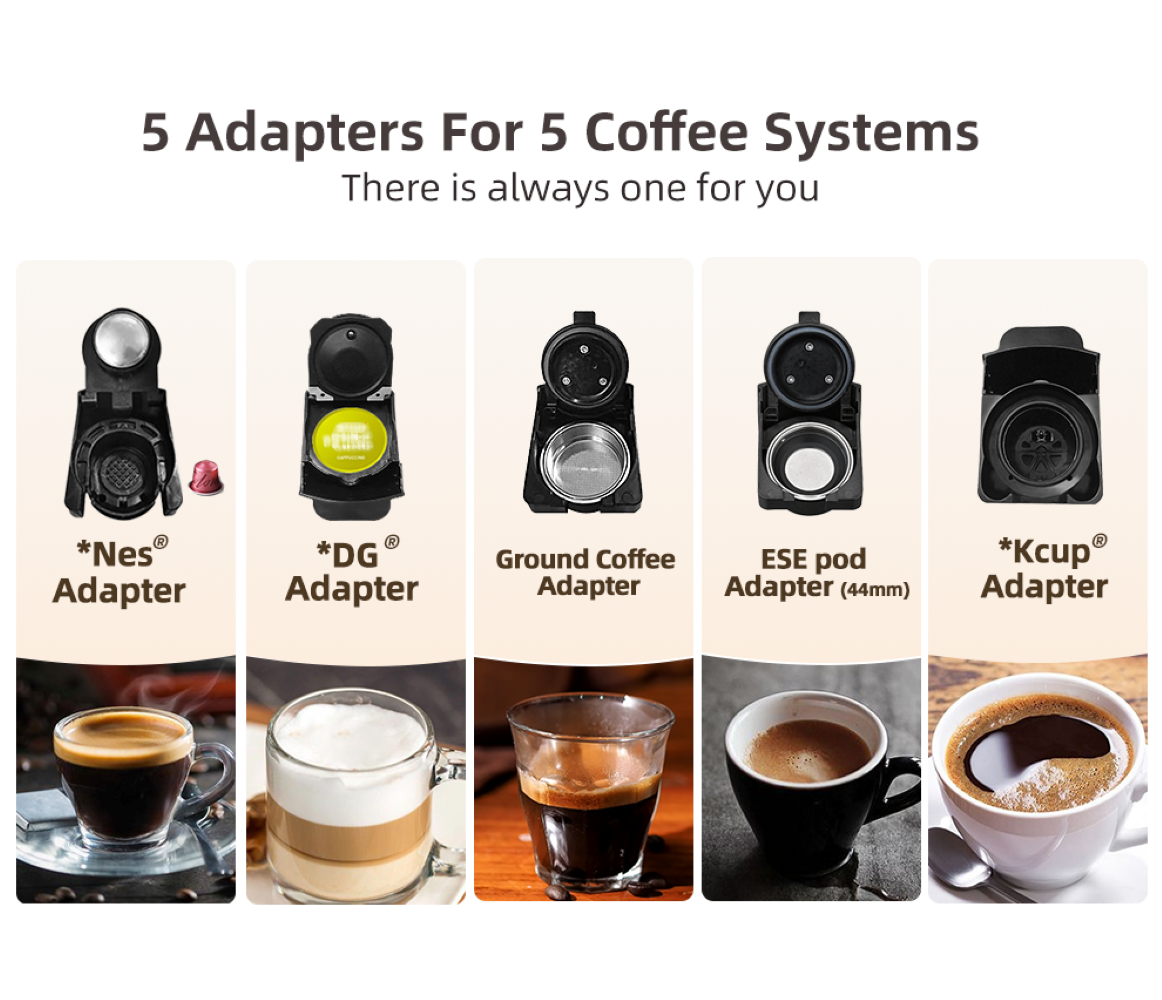 Cinque adattatori per macchine da caffè: Nes, DG, caffè macinato, cialda ESE, K-Cup.