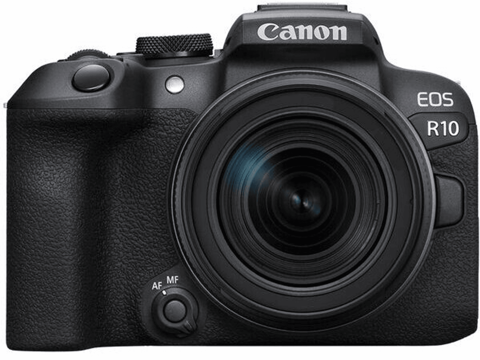 Een zwarte Canon EOS R10 camera met lens, vooraanzicht.