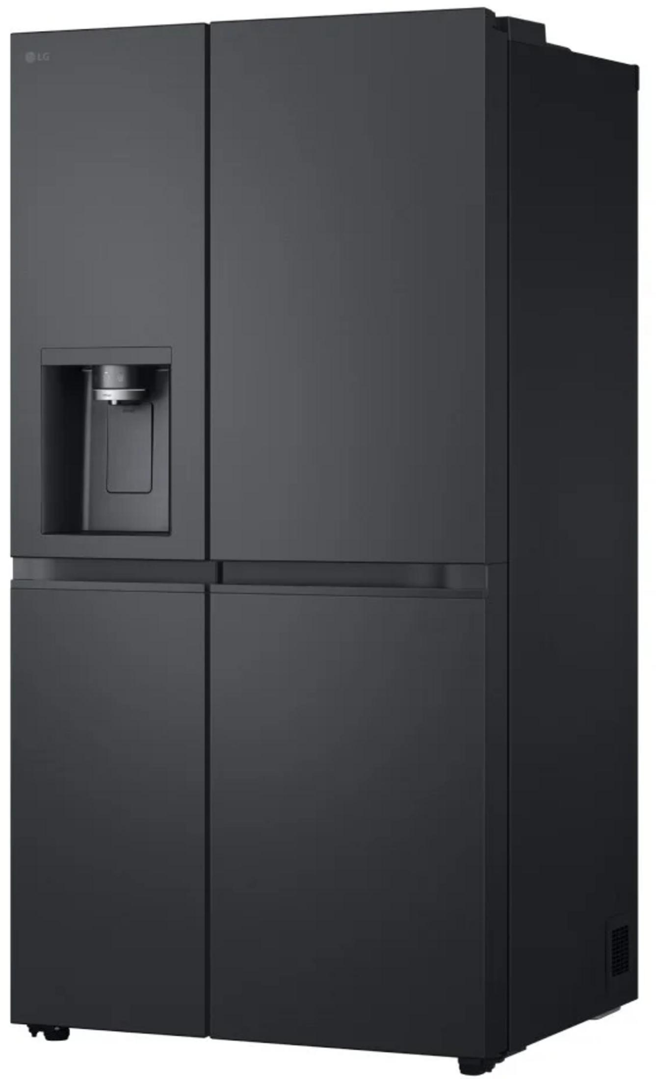 Un moderno frigorifero nero a quattro porte con dispenser d'acqua.