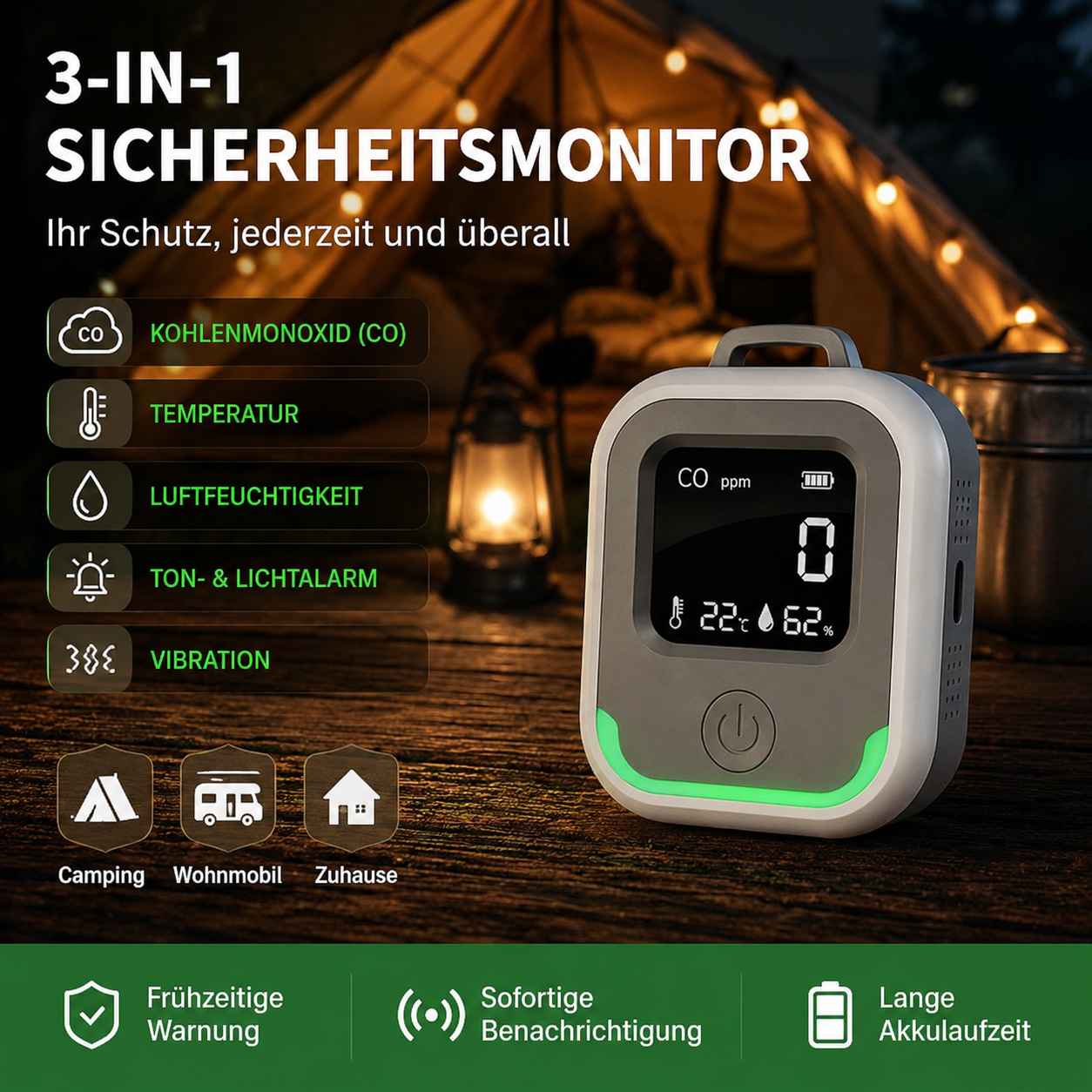 3-in-1 Sicherheit Monitor zeigt CO, Temperatur, Luftfeuchtigkeit, Alarm, Vibration.