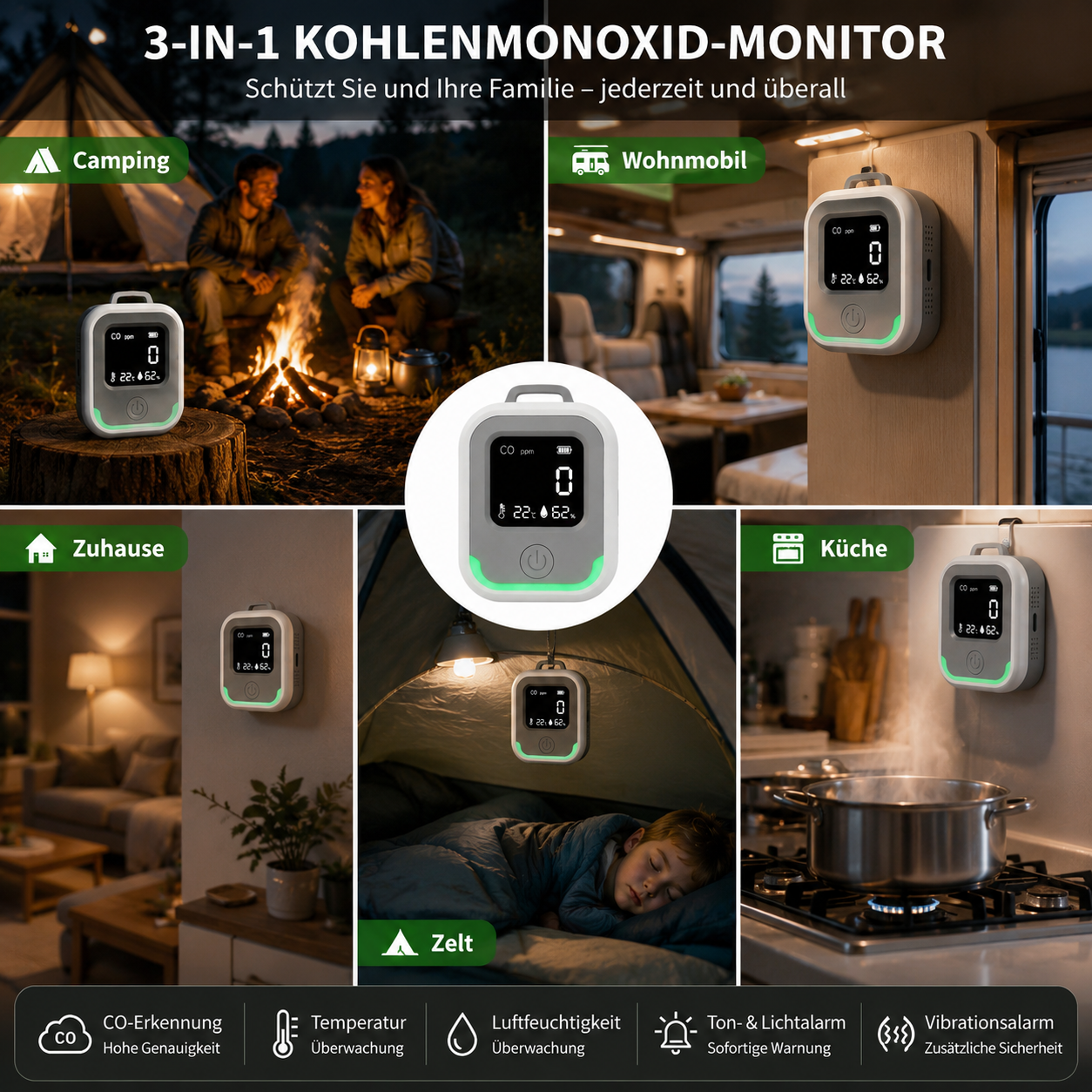 Ein 3-in-1-Kohlenmonoxid-Monitor wird in verschiedenen Szenarien gezeigt: Camping, Wohnmobil, Zuhause, Zelt und Küche.