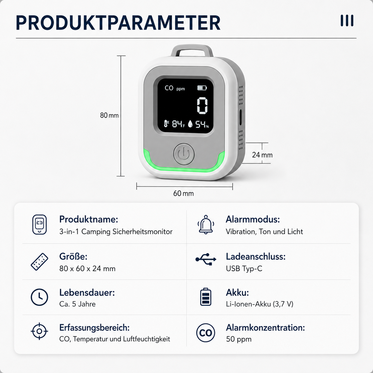 Ein 3-in-1 Camping-Sicherheitsmonitor mit CO-, Temperatur- und Feuchtigkeitsanzeige.