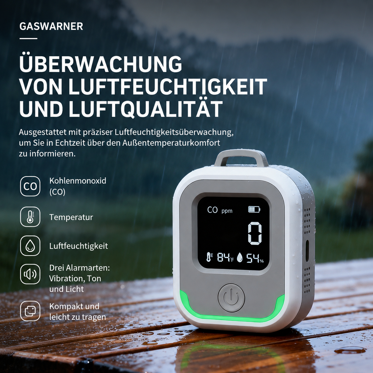Ein Gaswarngerät überwacht CO, Temperatur und Luftfeuchtigkeit bei Regen.