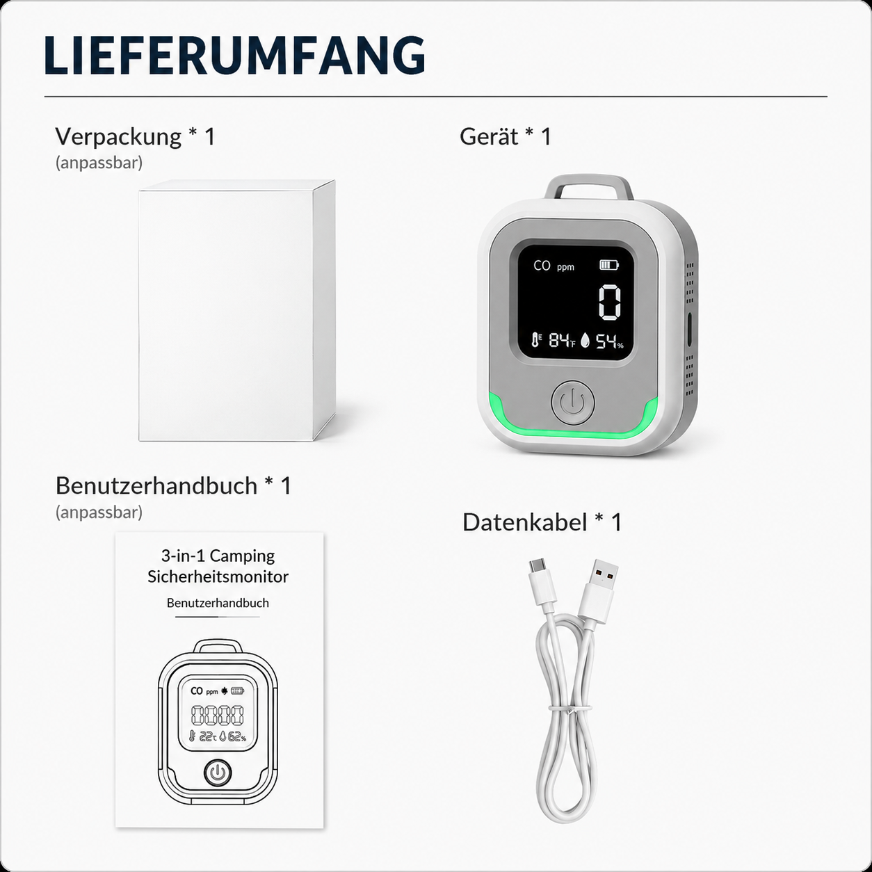 Lieferumfang: weiße Box, CO-Detektor, Handbuch, USB-Kabel.