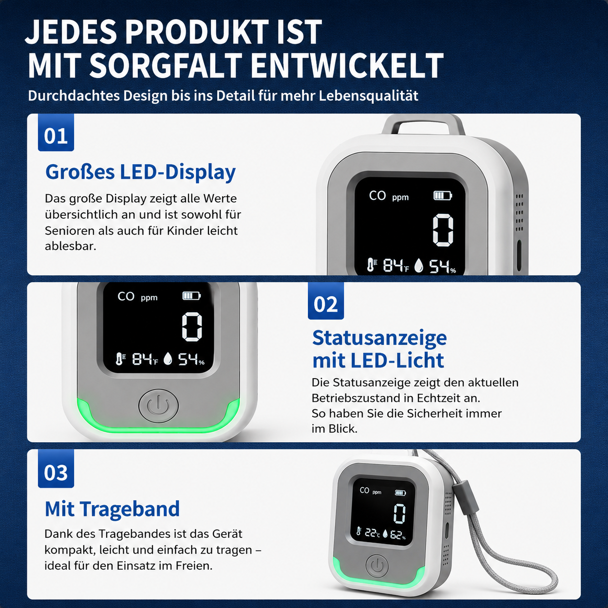 Ein weißgraues CO-Messgerät mit LED-Display und Trageband. Mehrere Ansichten zeigen Funktionen.
