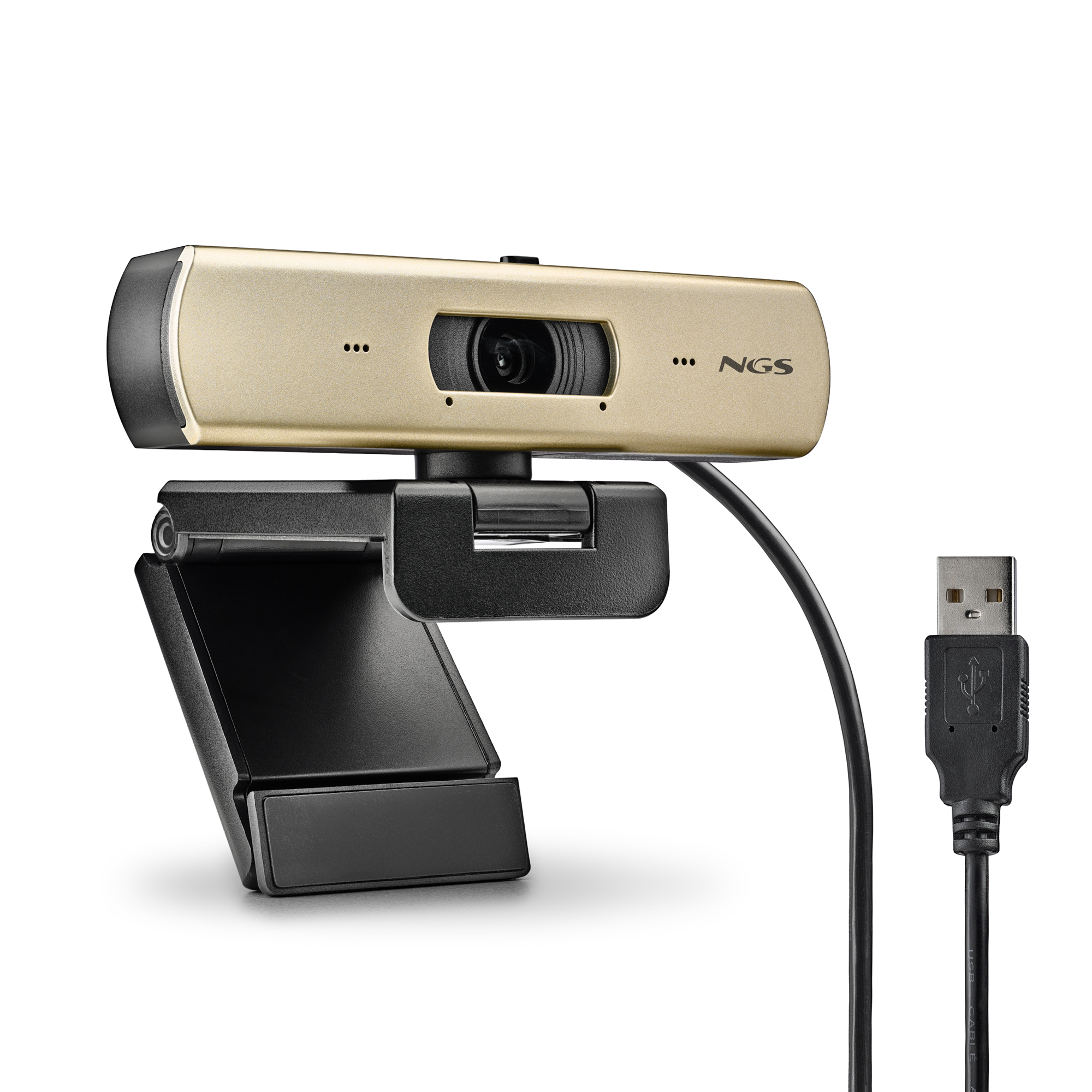Una webcam dorada con soporte negro y cable USB sobre fondo blanco.