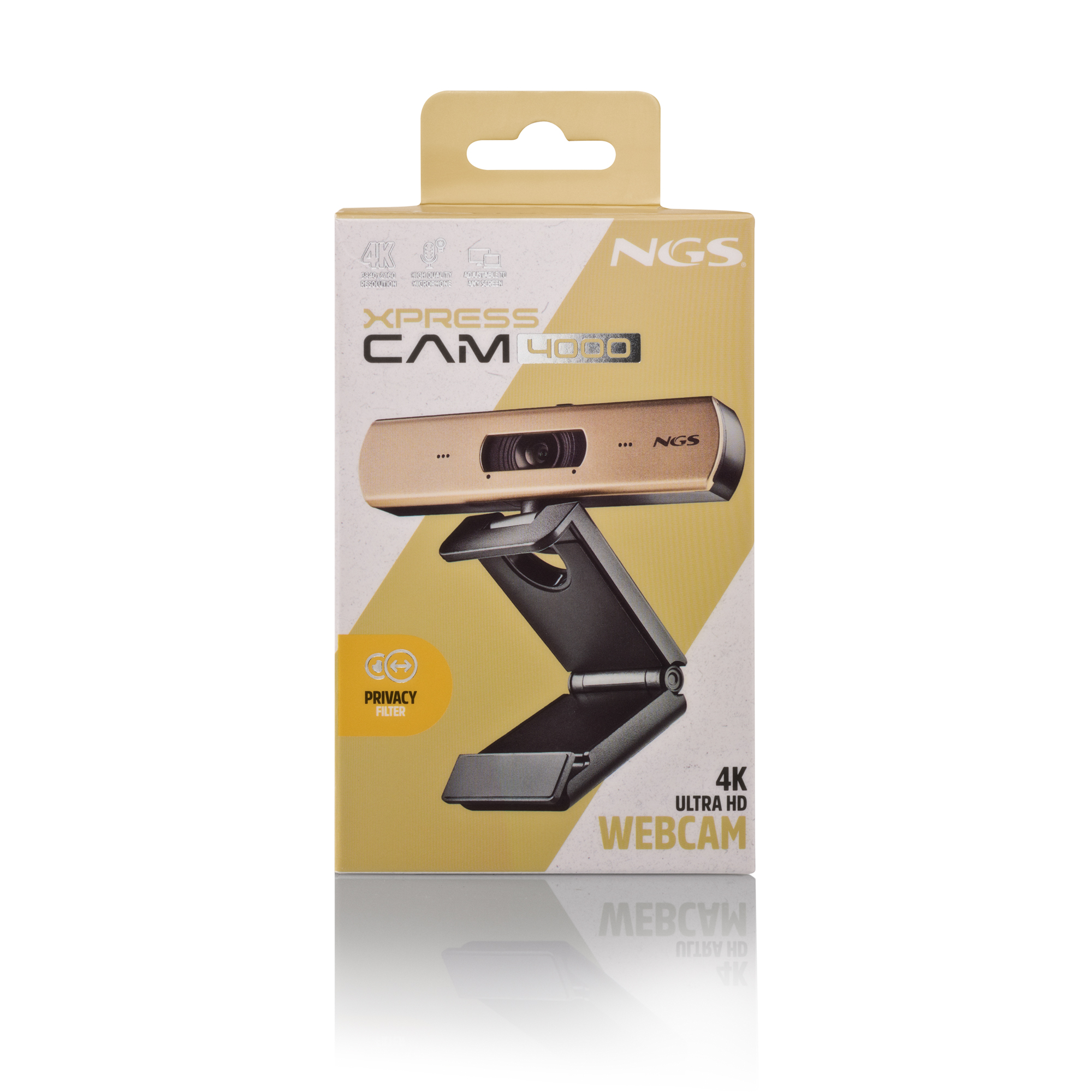 Caja de una webcam 4K dorada con soporte negro, logo NGS.
