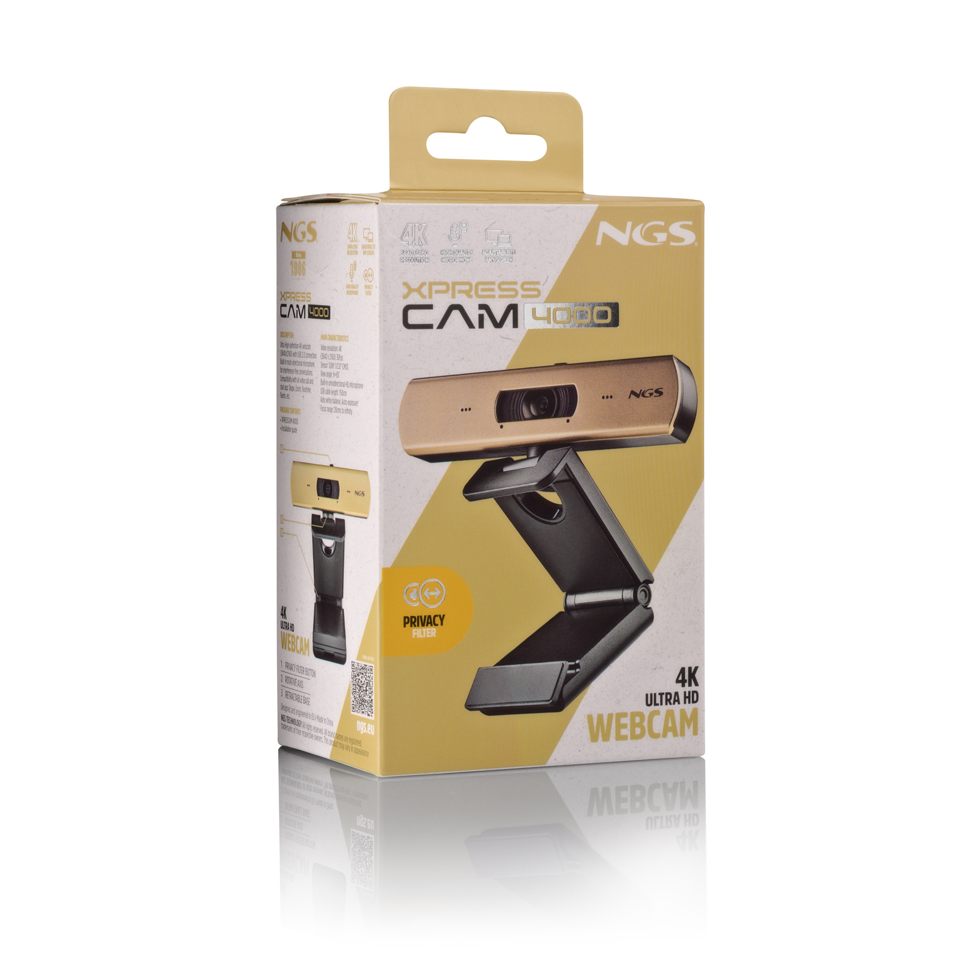 Caja de una webcam NGS Xpress Cam 4000 4K dorada con soporte negro.