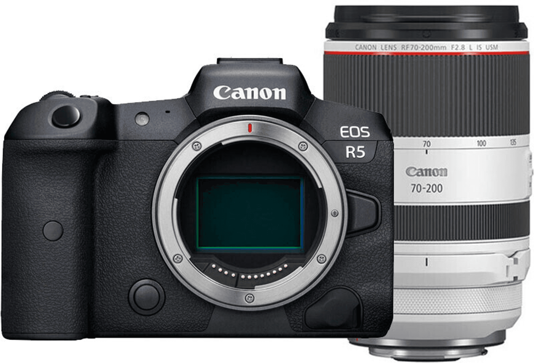 Cuerpo de cámara Canon EOS R5 con un lente Canon RF 70-200mm F2.8 L IS USM.
