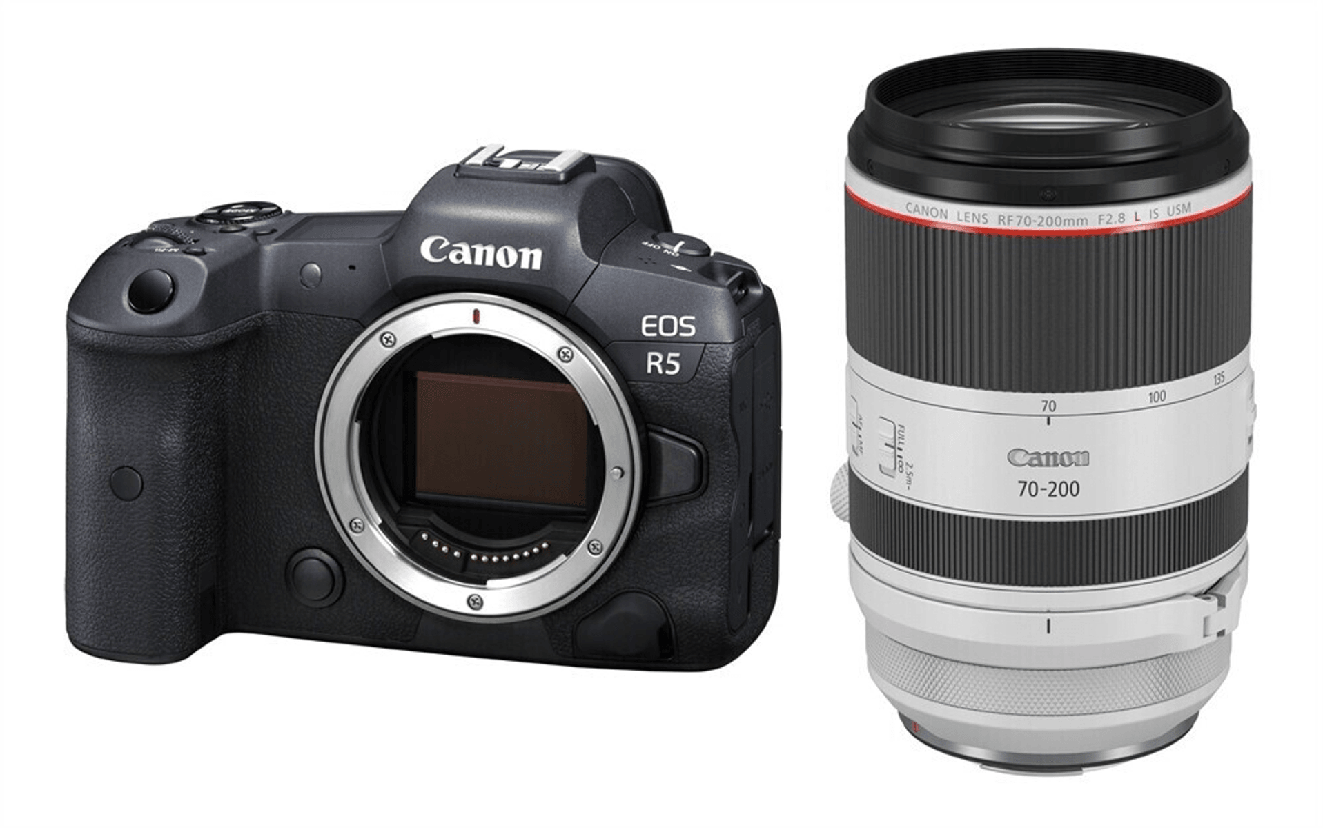 Una cámara Canon EOS R5 negra junto a un objetivo Canon RF 70-200mm blanco.