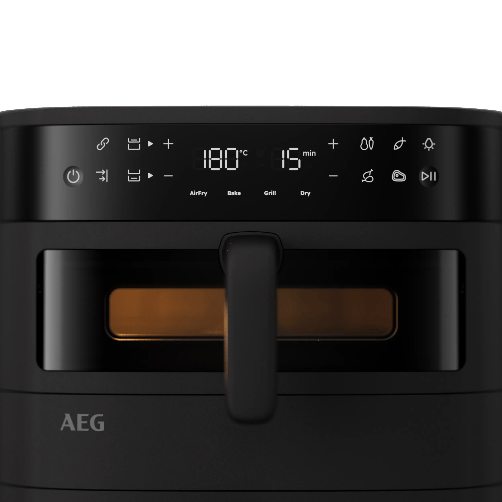 Freidora de aire AEG negra con pantalla digital mostrando 180°C y 15 min.