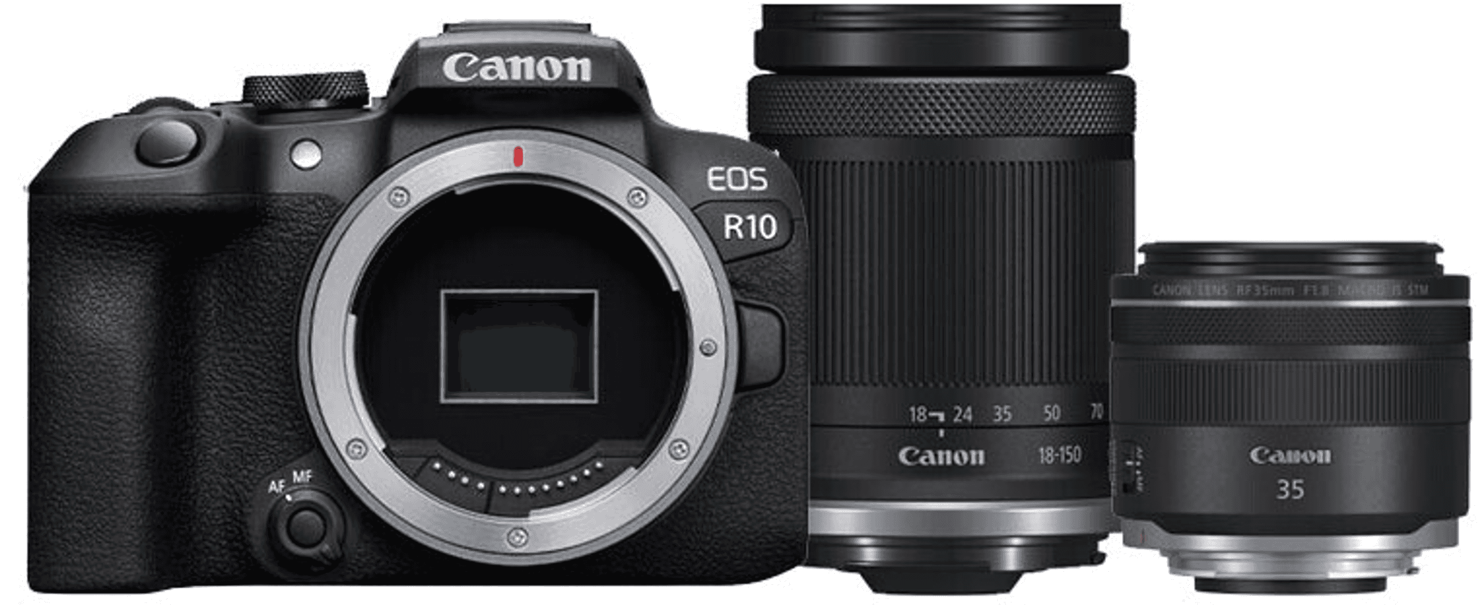Canon EOS R10 camera met twee lenzen: 18-150mm en 35mm.