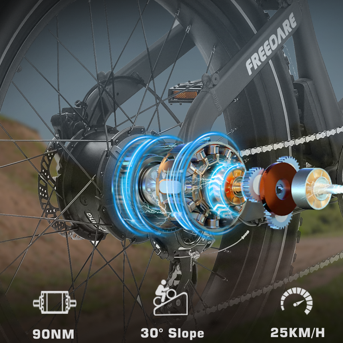 Szczegóły silnika roweru elektrycznego: 90NM, nachylenie 30°, 25KM/H.