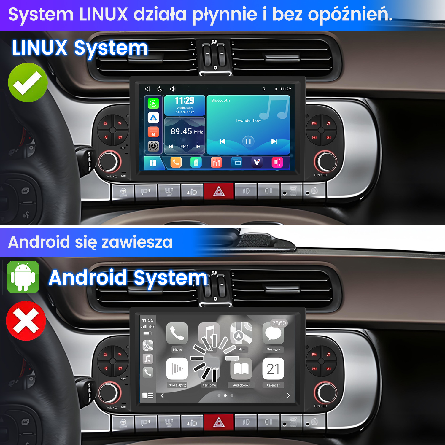 Porównanie systemów multimedialnych w samochodzie: Linux działa szybko, Android się zawiesza.