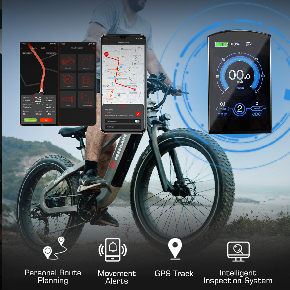 E-bike z wyświetlaczami i aplikacją na smartfona. Pokazuje trasę, prędkość i info.