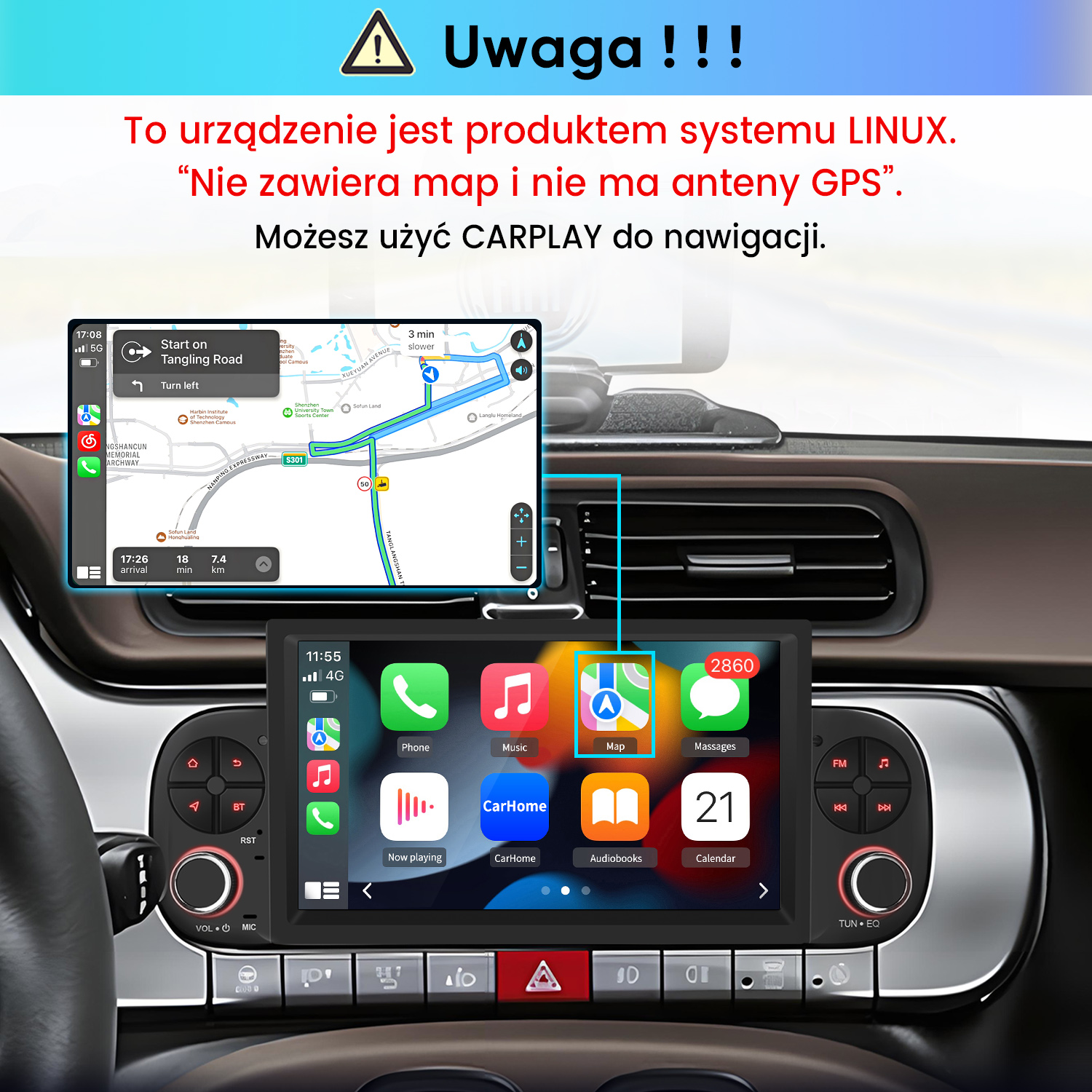 System multimedialny samochodu wyświetla mapę nawigacji i ikony aplikacji.