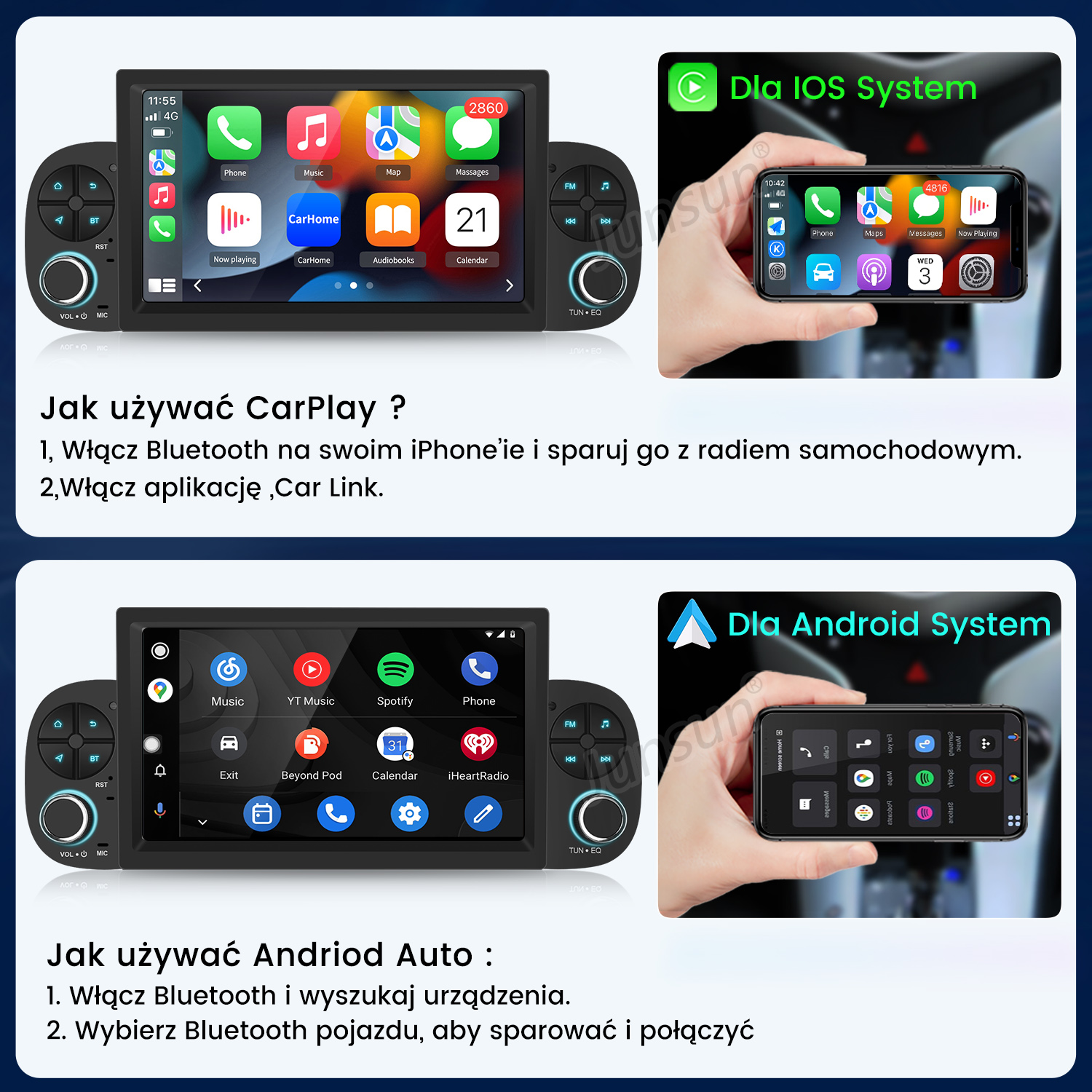 Obrazek pokazuje systemy multimedialne w samochodzie: CarPlay (iOS) i Android Auto.