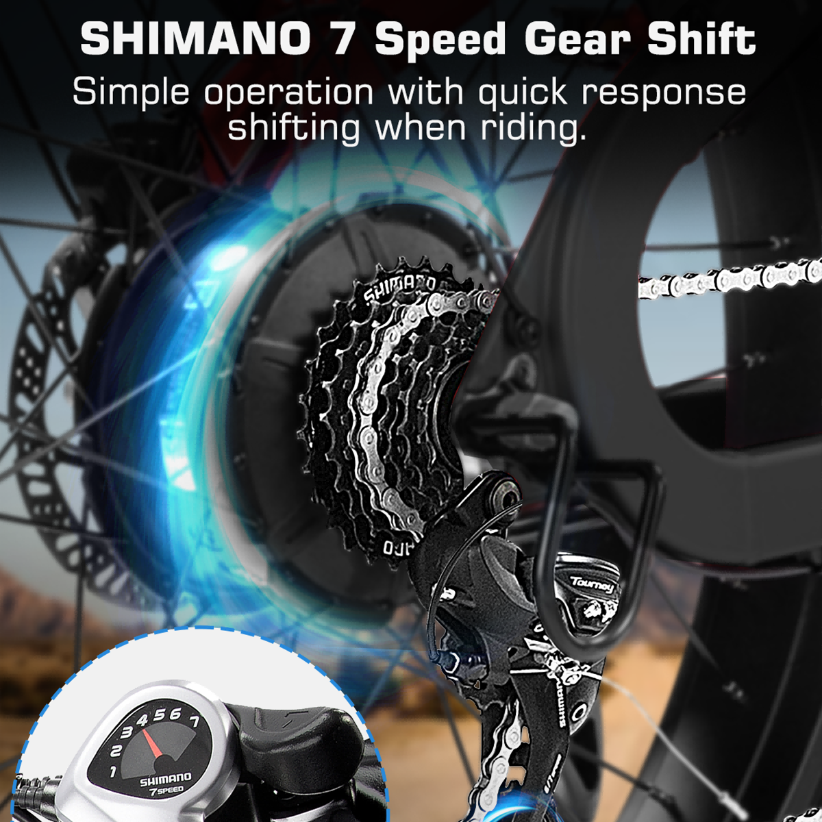 Przerzutka Shimano 7-biegowa z kasetą i wskaźnikiem biegów.