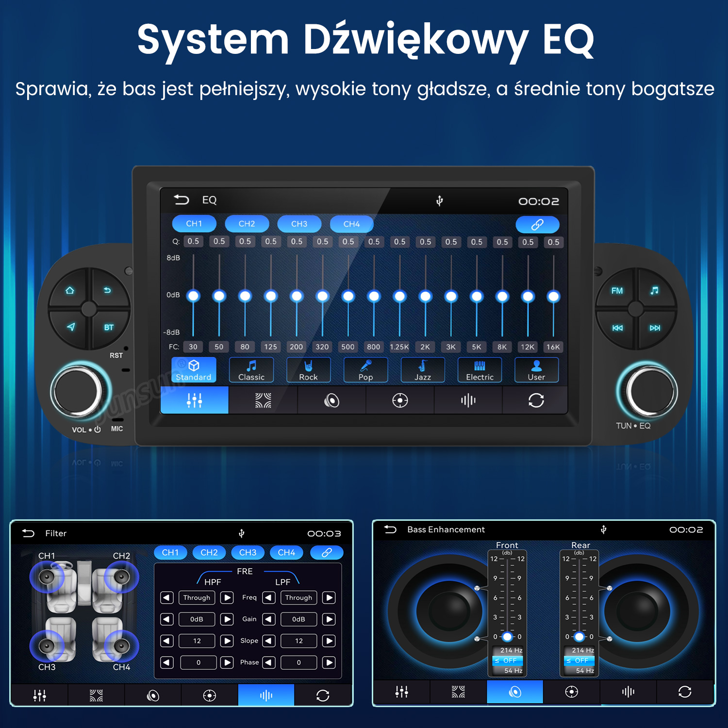 Ekran radia samochodowego z ustawieniami EQ, filtrem i podbiciem basów.