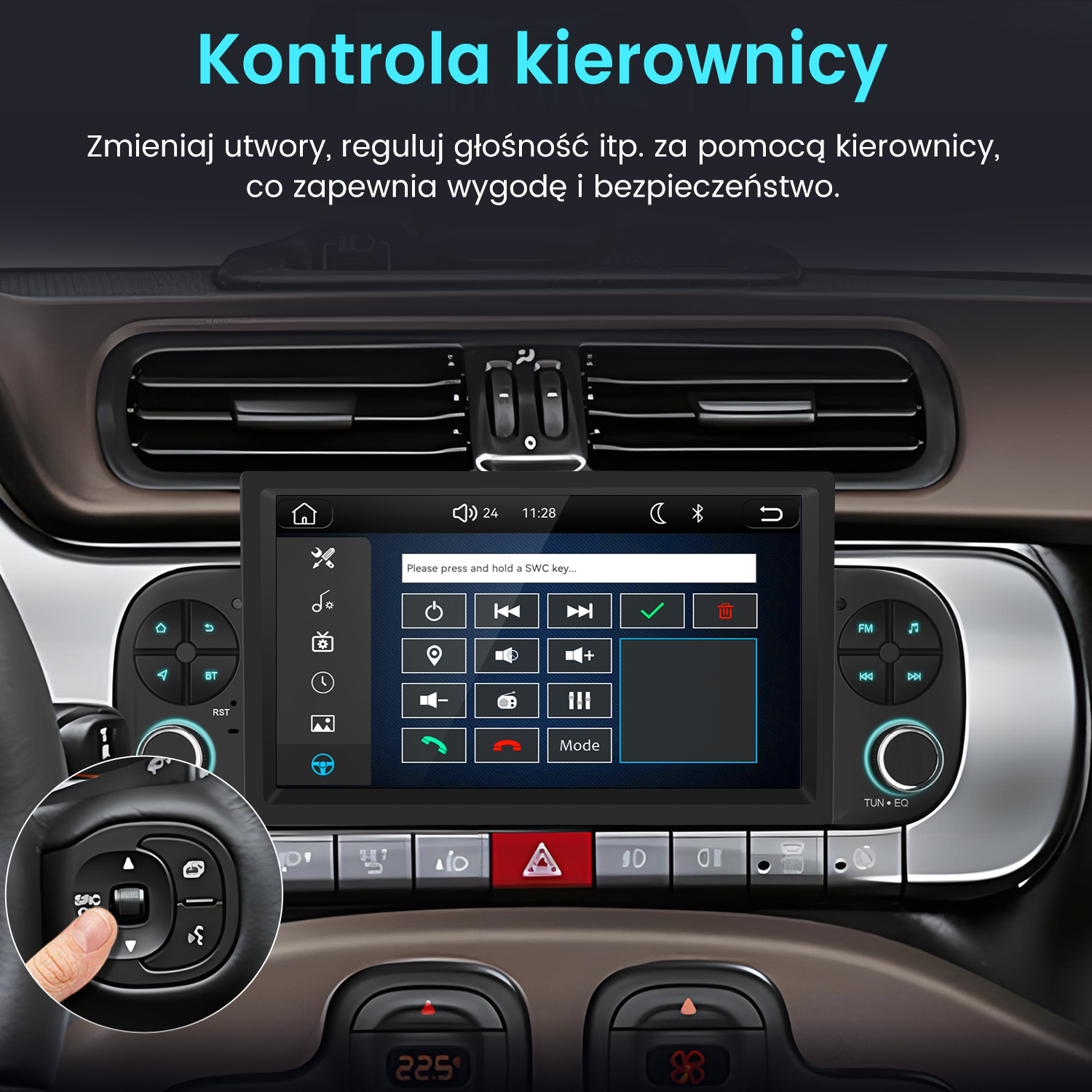 Palec naciska przycisk na kierownicy, radio samochodowe wyświetla menu.