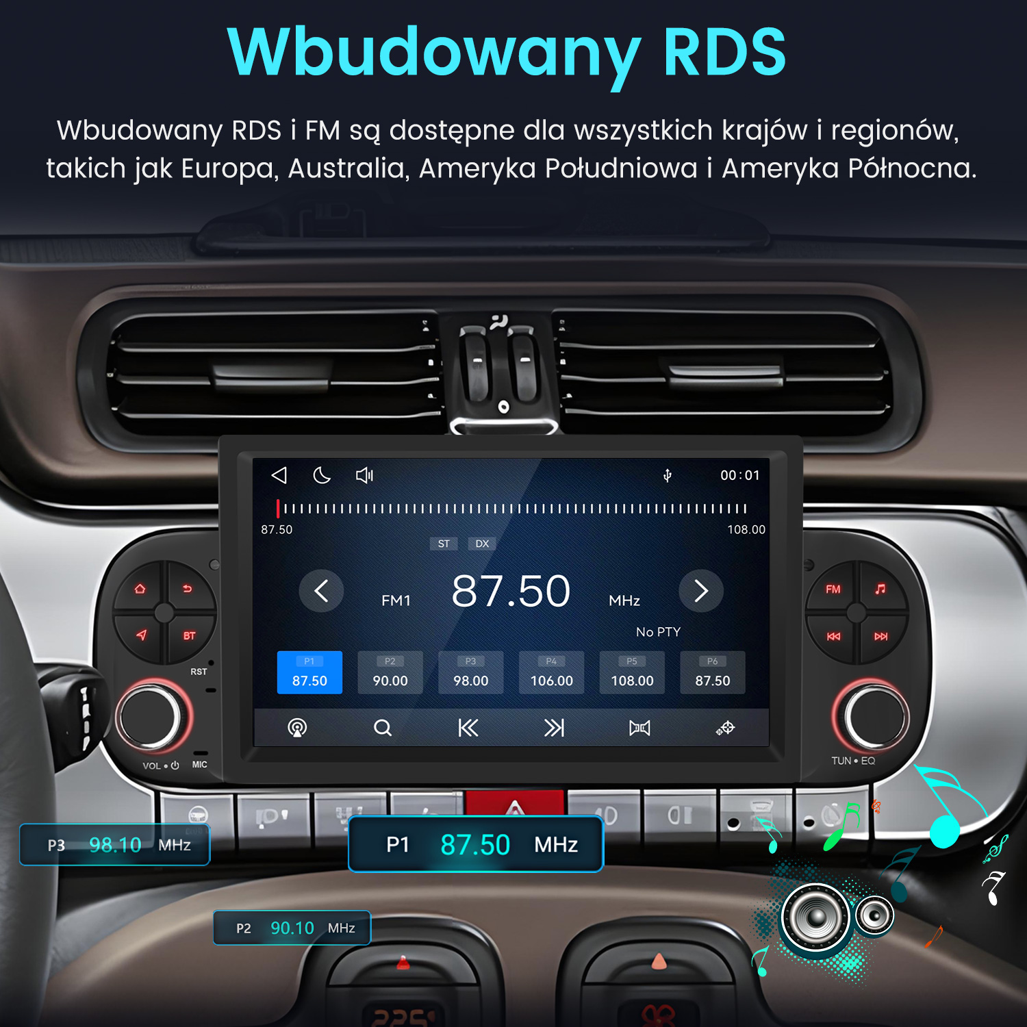Wyświetlacz radia samochodowego pokazuje stację FM1 87.50 MHz z ustawieniami P1-P6.