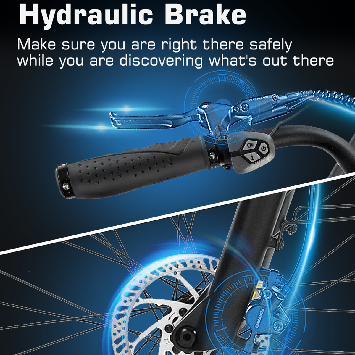 Zbliżenie hydraulicznego układu hamulcowego roweru, widoczny hamulec i tarcza.