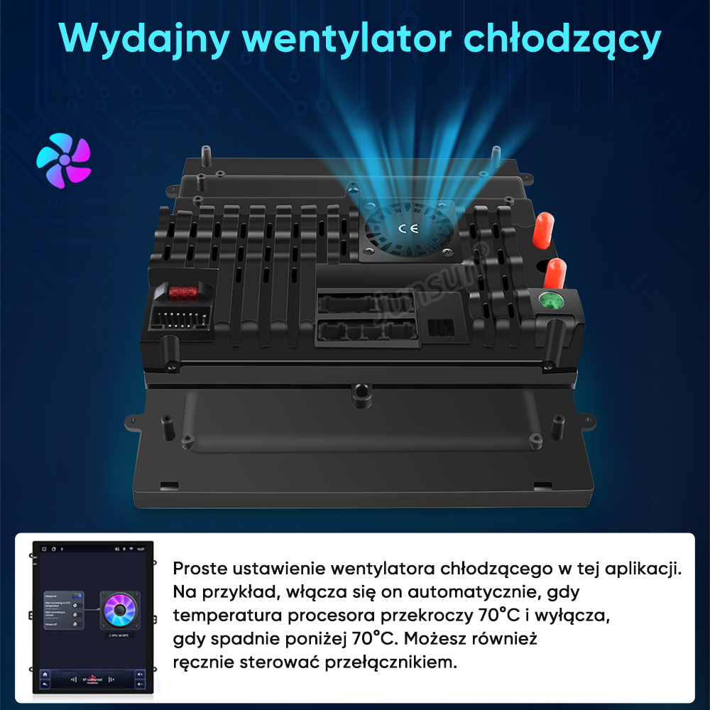 Tył wentylatora chłodzącego radio samochodowe z niebieskimi detalami przepływu powietrza.
