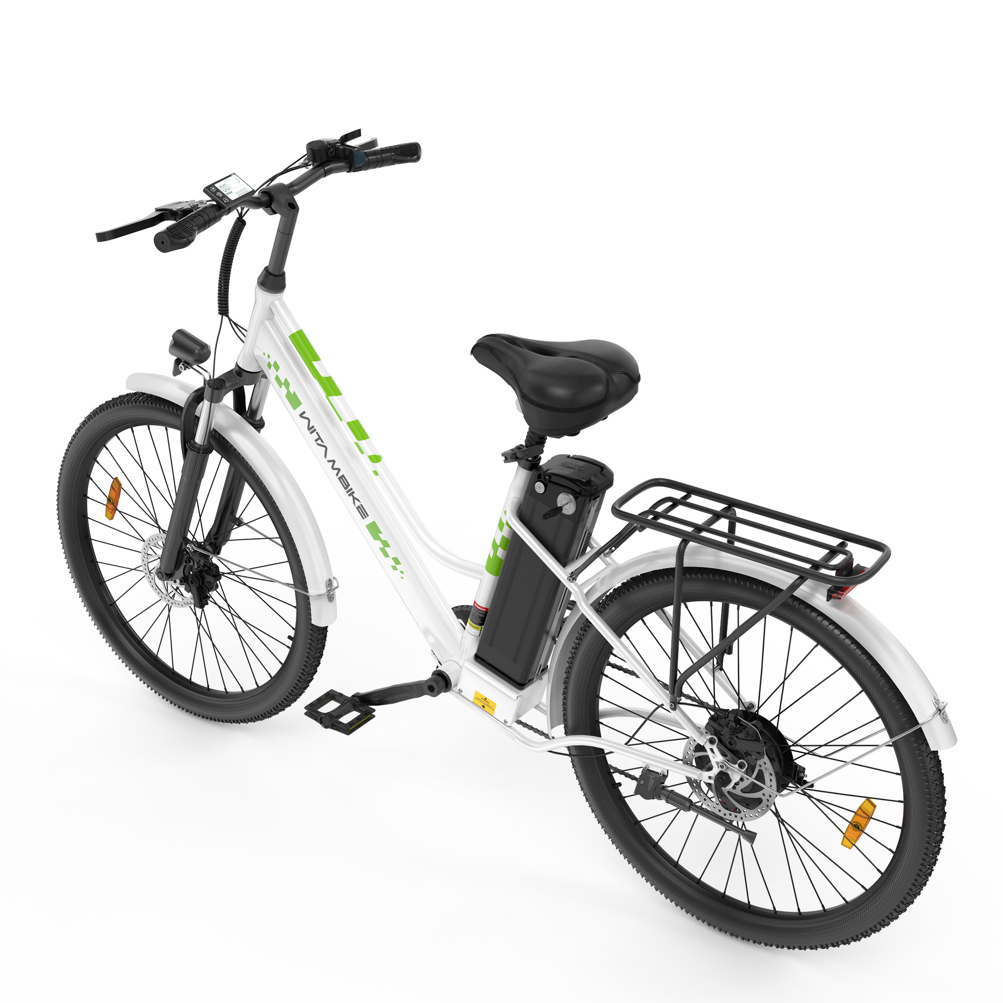 Una bicicleta eléctrica blanca con detalles verdes, sillín negro y portaequipajes.