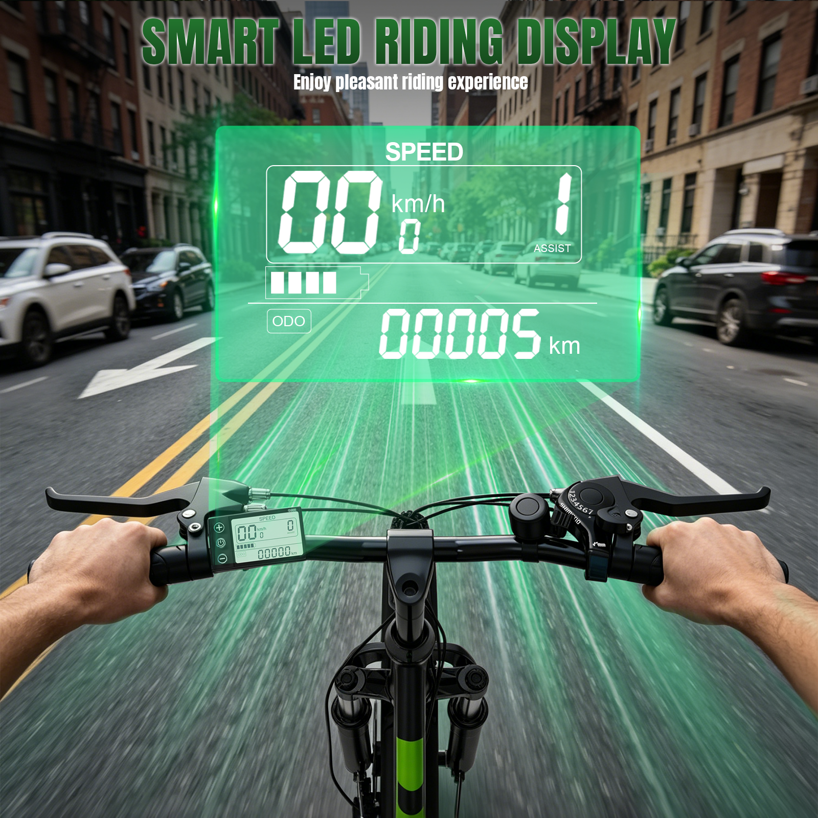 Vista en primera persona de una bicicleta eléctrica en una calle de ciudad con pantalla LED verde.