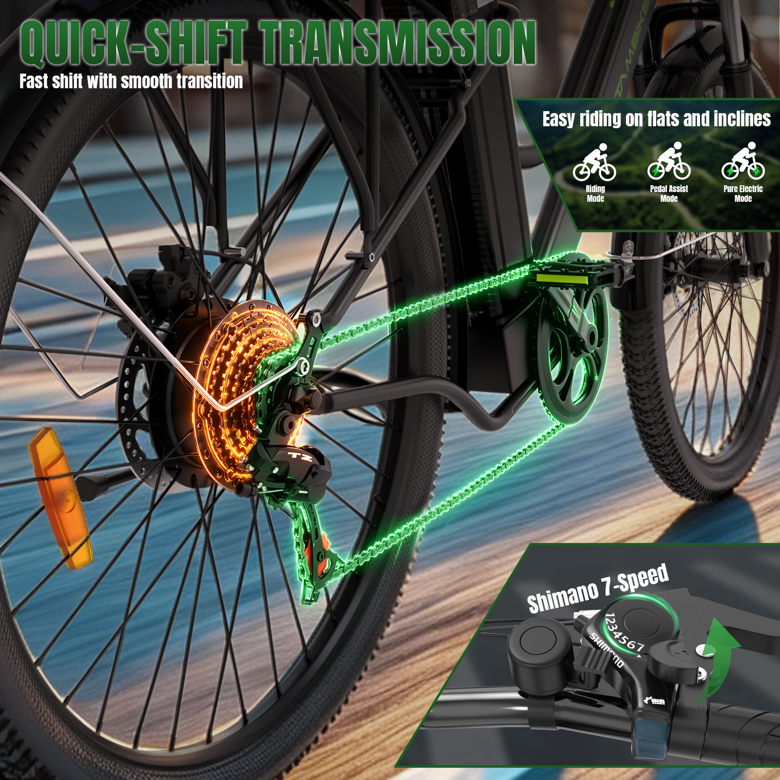 Primer plano de cadena y casete de bicicleta, iluminados con luz verde y naranja.