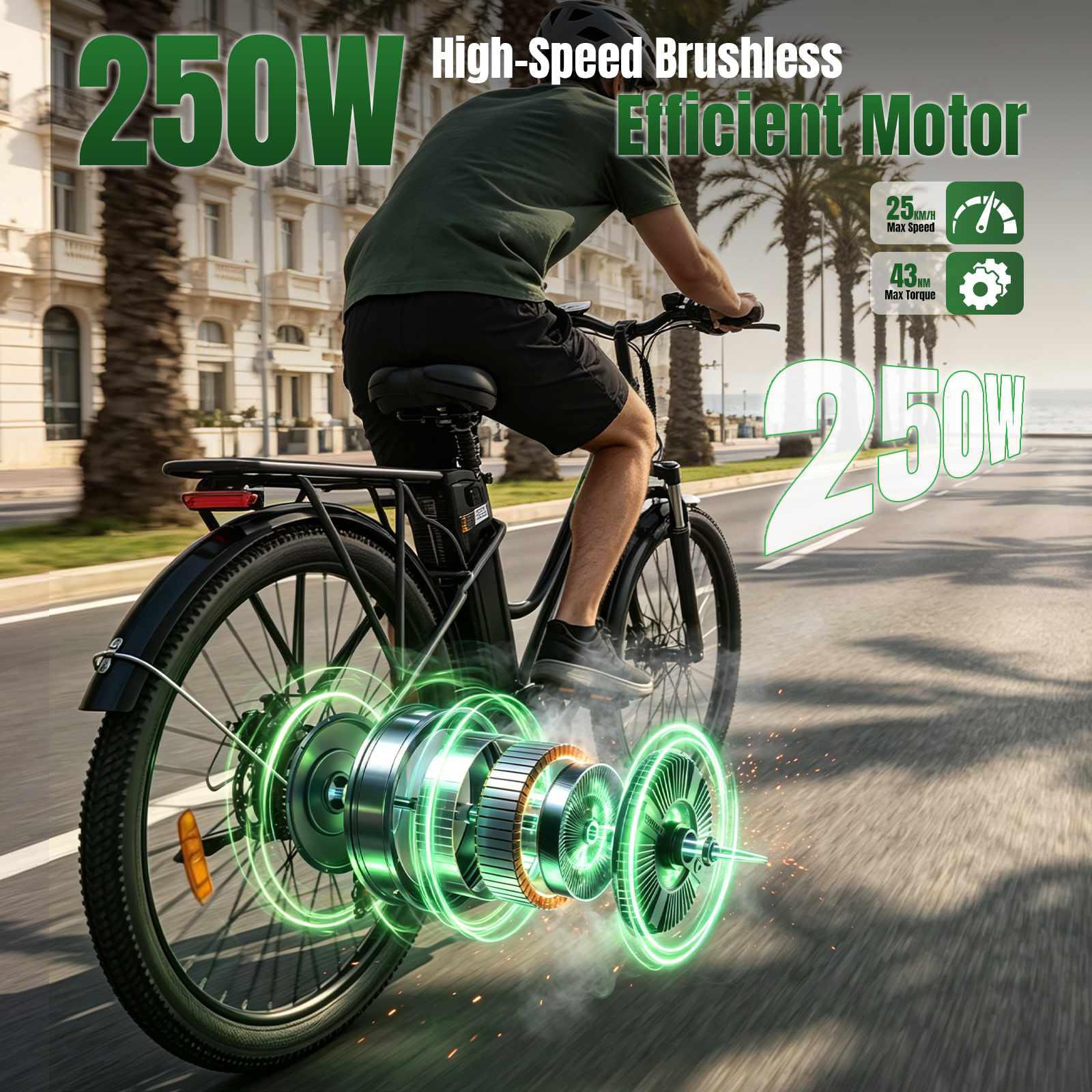Hombre en bicicleta eléctrica con motor de 250W, máx. 25 km/h, 43 Nm. Carretera costera.