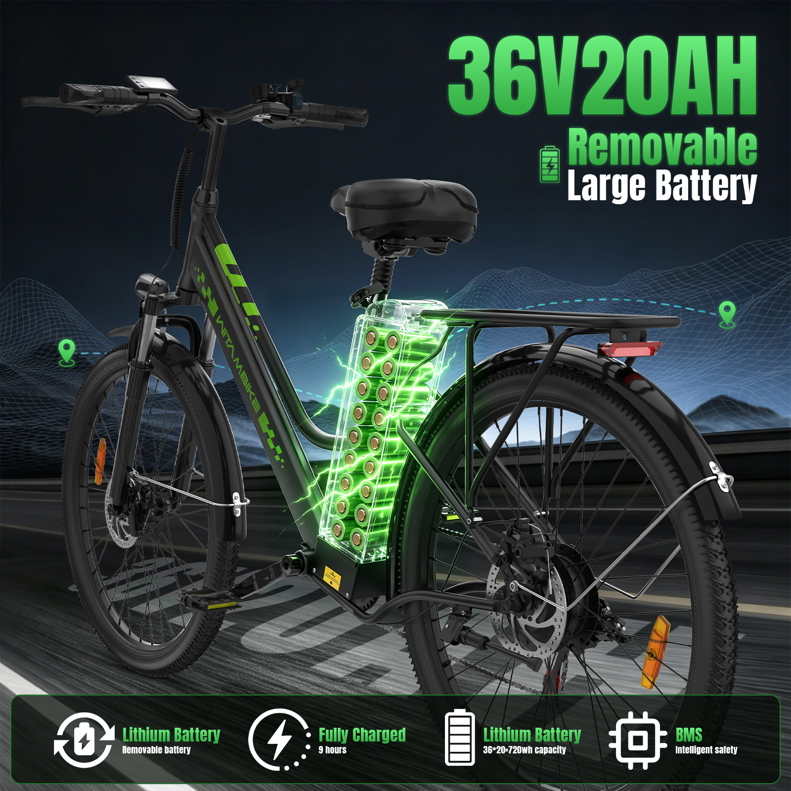 Una bicicleta eléctrica negra con una batería grande y extraíble y acentos verdes.