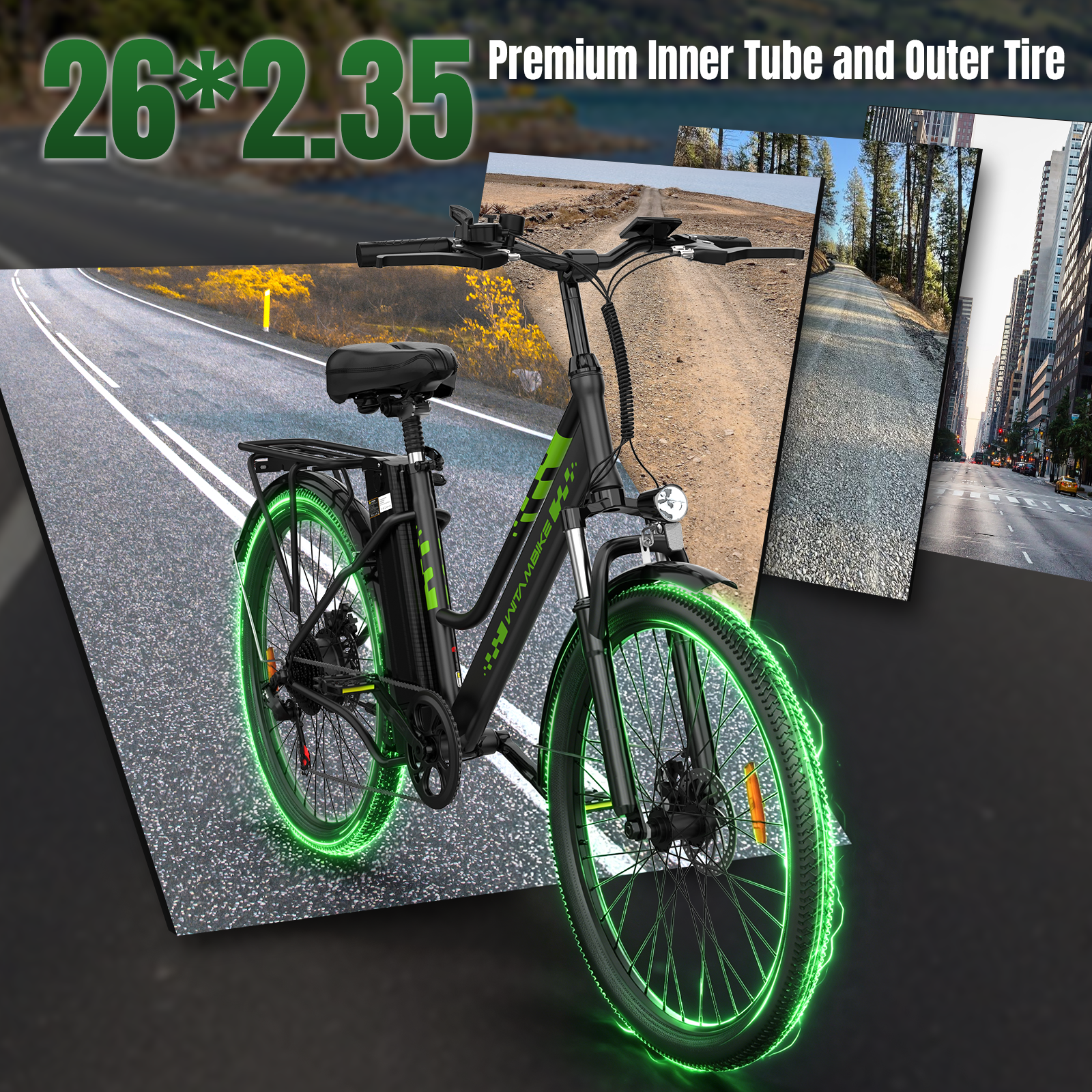 Bicicleta eléctrica negra con acentos verdes y llantas brillantes, ante escenas de carretera y paisaje.